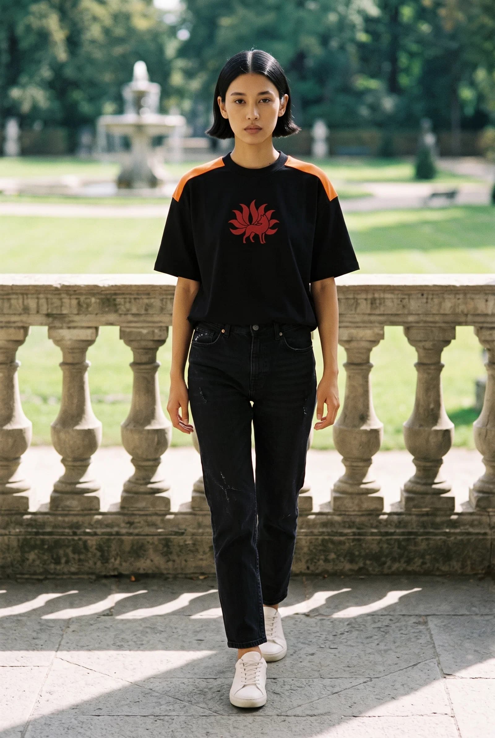 Black T-Shirt With Orange Shoulder Panel AndRed Fox Graphic